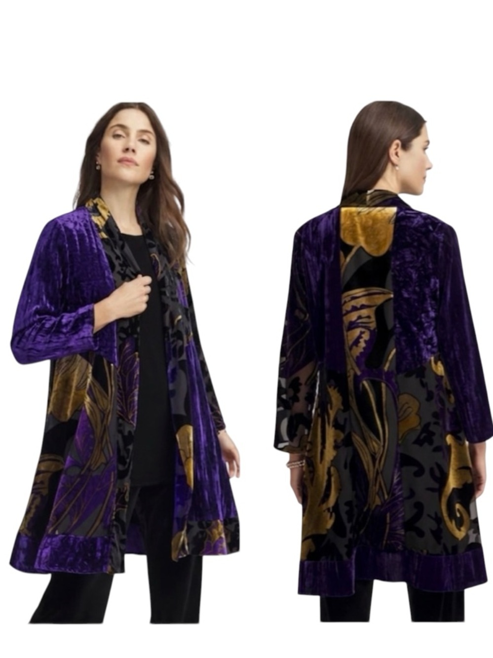 Chico’s Floral Burnout Velvet Duster Jacket Topper Purple Gold Whimsigoth Boho M